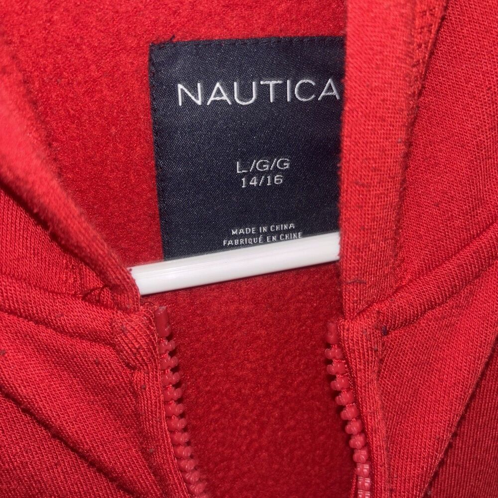 Nautica Size 14/16 Red Full Zip Hoodie Sweatshirt with Hoodie Logo On Front - Picture 3 of 8